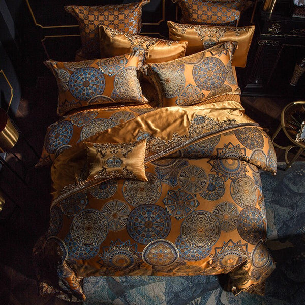 Home textile bedding kit with high-precision yarn-dyed jacquard fabric in a luxurious setting.