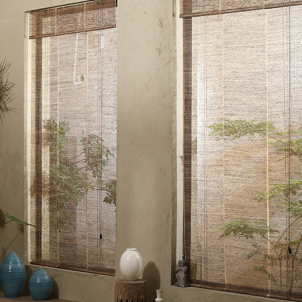 Summer cloth ramie Japanese curtain with beige hollow design for tea room decor.