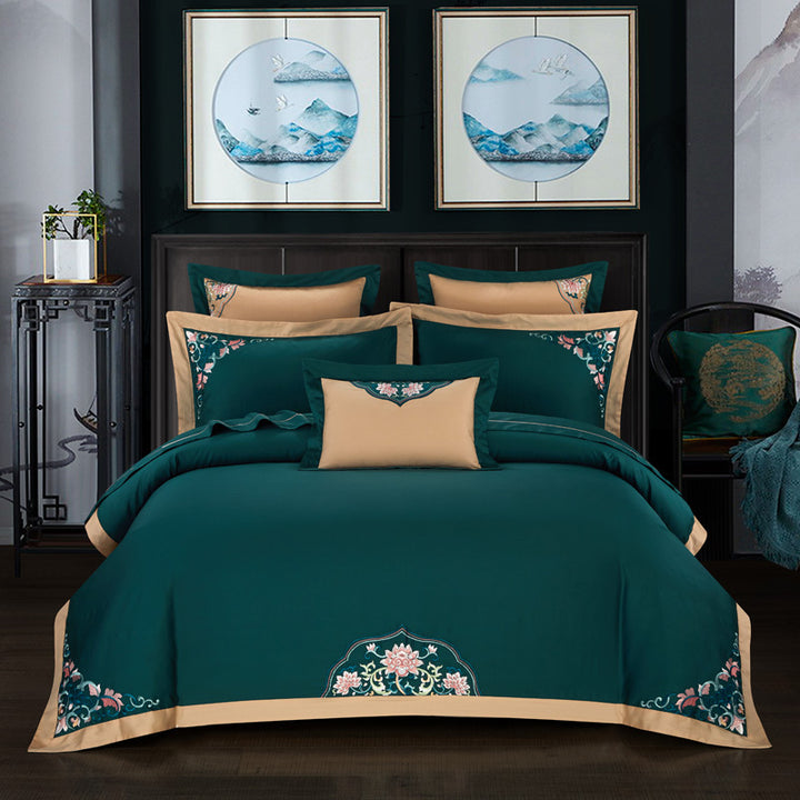 Chinese national style beddingBed fabric: long staple cotton
 
 Printing and dyeing process: reactive printing and dyeing
 
 Weaving process: Satin
 
 Style and technology: hemming0nullLofineChinese national style